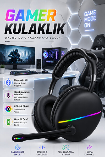 Zineets Bluetooth Mikrofonlu Işıklı RGB Gamer Bilgisayar Kulaklığı Gaming Kul...