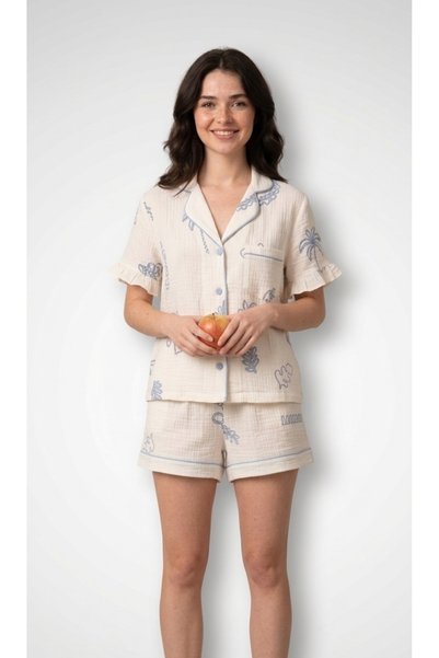 Serbella Miami White Organic Muslin Shorts Pajama Set Cotton Anti-Sweat