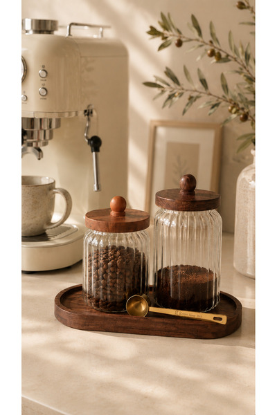 Mottogo Coffee Corner Glass Jar Set of 2 with Acacia Lid and Tray, Gold Measu...