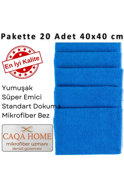 CAQA HOME 20 Pack Blue 40X40 cm Microfiber Kitchen and General Cleaning Cloth, Micro Fiber Cloth - Glass, Car