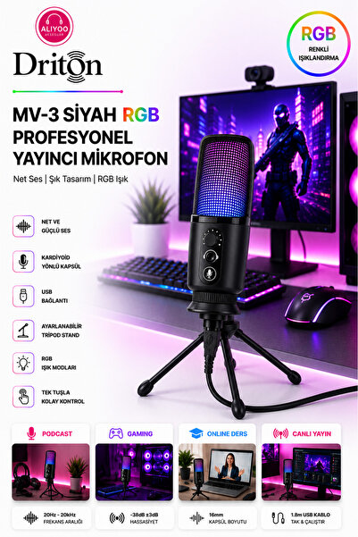 DRİTON Mv-3 Siyah Rgb Usb Oyuncu Yayıncı Ve Podcast Için Uyumlu Condenser Mik...