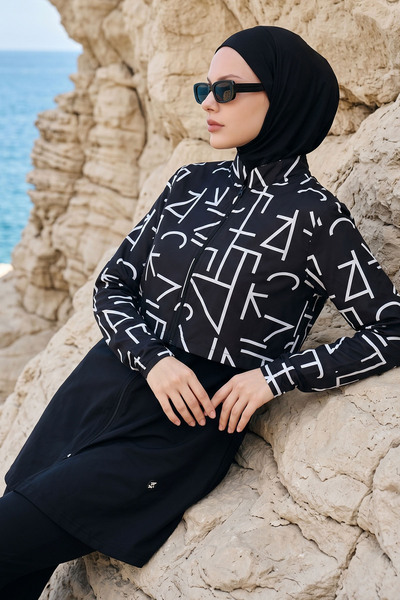 InStyle Striped Bolero 4 Piece Black Hijab Swimsuit 6200A