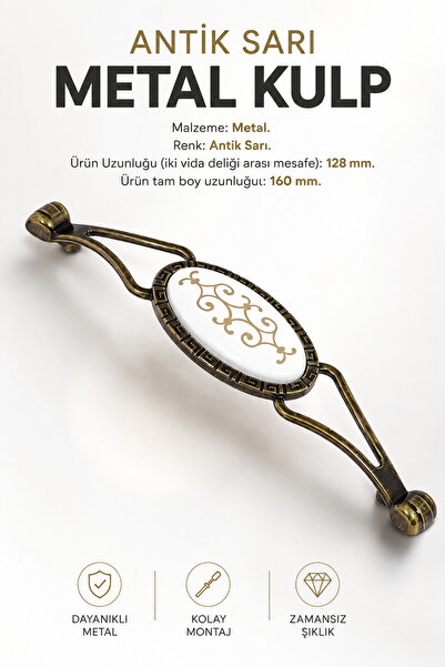 NZB Seçil Çekmece Dolap Kapak Kulpu Kulbu Antik Sarı Metal Kulp 128 Mm