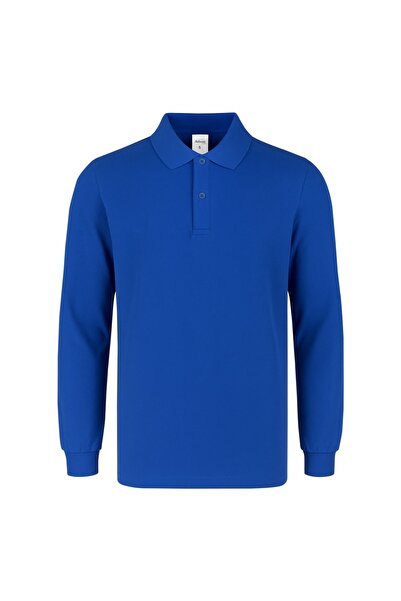 RELAXIA Men's Saks Blue Long Sleeve Polo Collar Business T-Shirt 100% Cotton ...