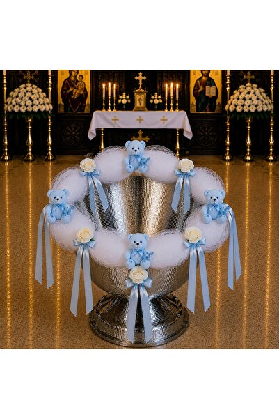 Botez Decor cristelnita din tulle alb, flori din sapun ivory, panglica blue s...