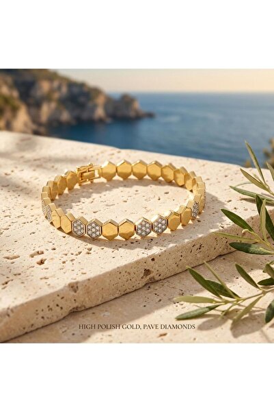 Shinestar atelier Altın Renk Taşlı Altıgen Tasarım Zarif Kadın Bileklik