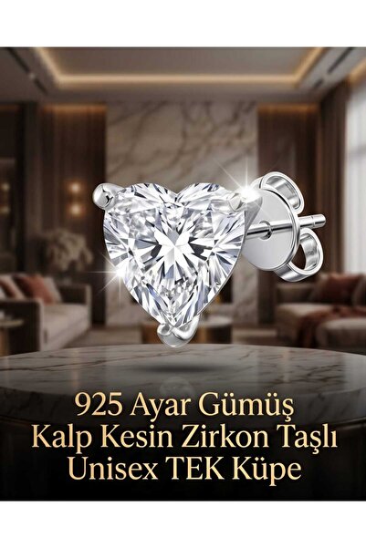 Lunexa 925 Ayar Gümüş Kalp Zirkon Taşlı Minimal Unisex Çivi Küpe 6mm TEK (GÖR...