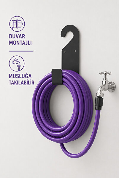 VENON Siyah Metal Duvar Tipi Hortum Askılığı - Bahçe Hortumu Tutucu Kanca Apa...