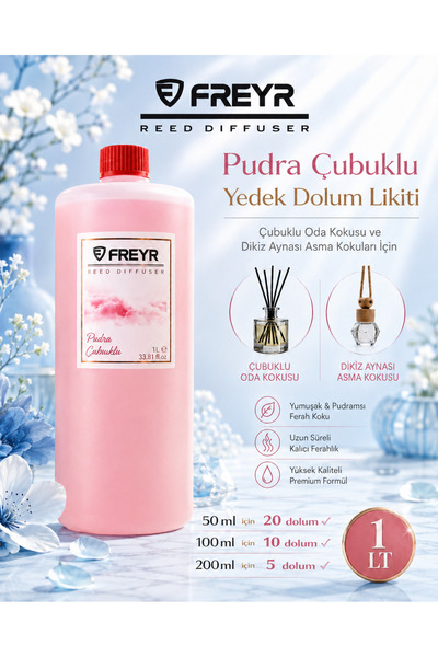 FREYR Oda ve Oto Kokusu Pudra Premium 1 LT Çubuklu Oda Kokusu ve Dikiz Ayna A...