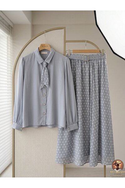 MY QILAM Women's Hijab Scarf Detailed Belted Polka Dot Chiffon Skirt Two-Piec...