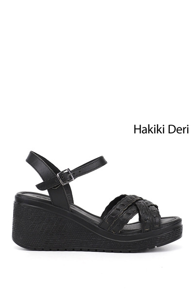 Kadın Siyah Bilek Bağlı Dolgu Topuk Hakiki Deri Sandalet