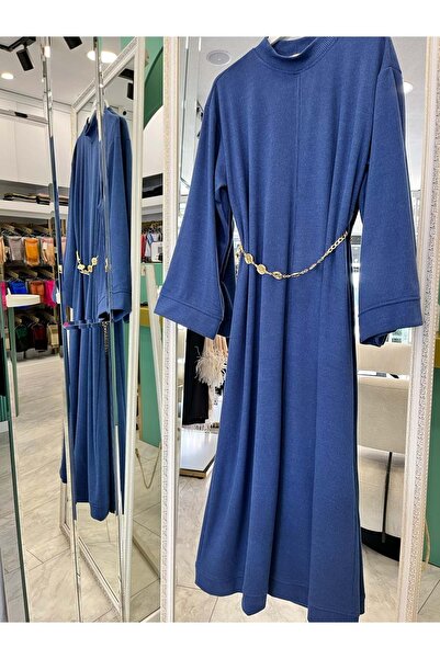 Modario Shoulder Pad Tex Ribbed Knit Dress - Indigo Blue - 42