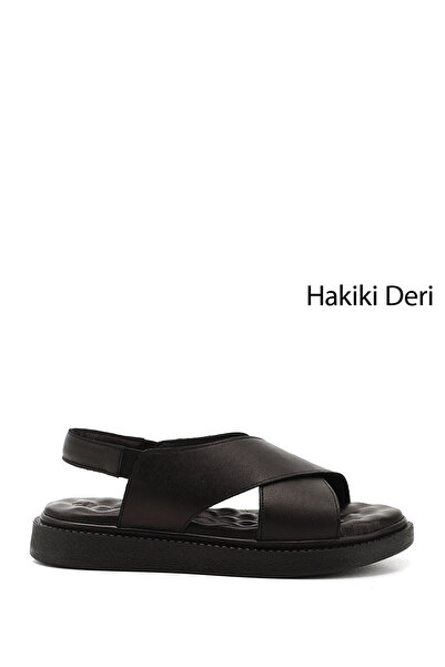 Women's Black Cross Band Padding Sole Genuine Leather Comfort Sandals