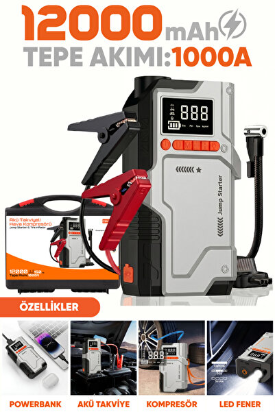 Enshall 12000mAh 4’ü 1 Arada Akü Takviye Cihazı 150 PSI Kompresör Lastik Şişi...
