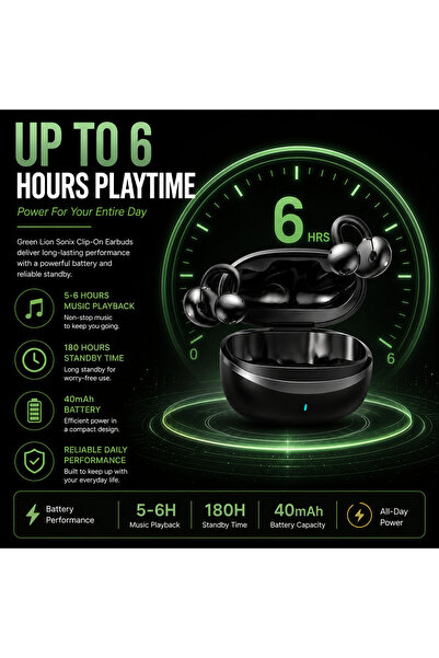 Green Lion Sonix Clip-On Earbuds, Bluetooth 5.3, IPX5 Waterproof, 5-6H Playti...