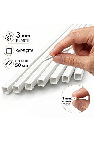 Proton 5 adet beyaz plastik kare çıta 3mm 50cm