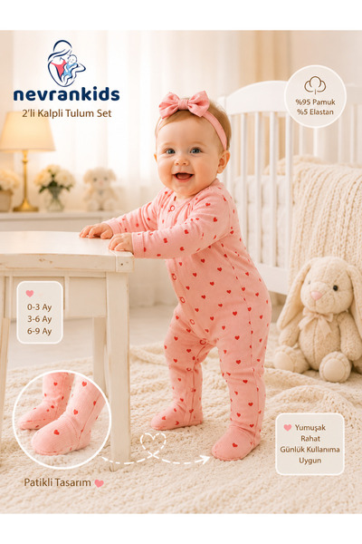 nevrankids Heart Pattern 2’li Yenidoğan Kız Bebek Tulum