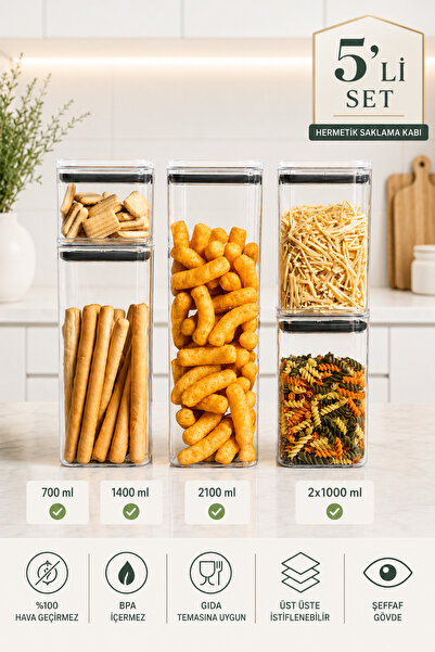 Stile Cucina Set of 5 Vacuum Sealed Square Food, Flour, Pulses Storage Contai...