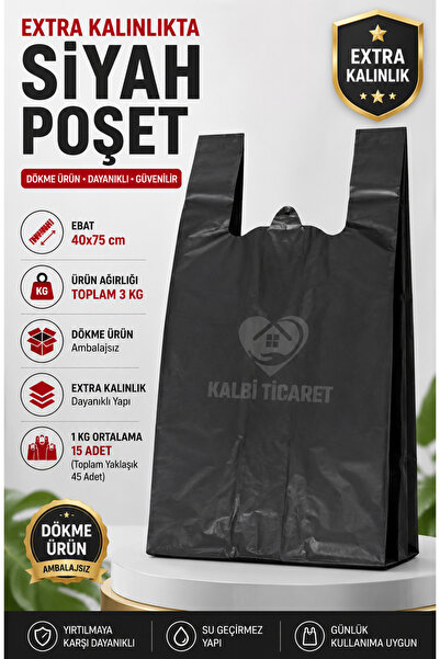 Kalbi Ticaret Ekstra Kalın Siyah Poşet 40x75 cm 3 Kg Dayanıklı Atlet Poşet Dö...