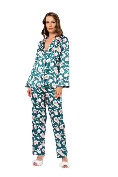 FIRST STYLE High-Quality Turkish Nightgown in Royal Green Soft Satin Two-Piec...