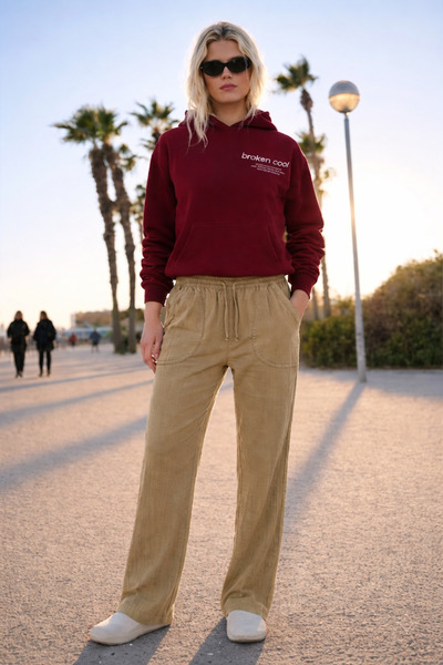 DAMGA JEANS Ženske bež lanene pantalone sa visokim strukom i elastičnim pojasom