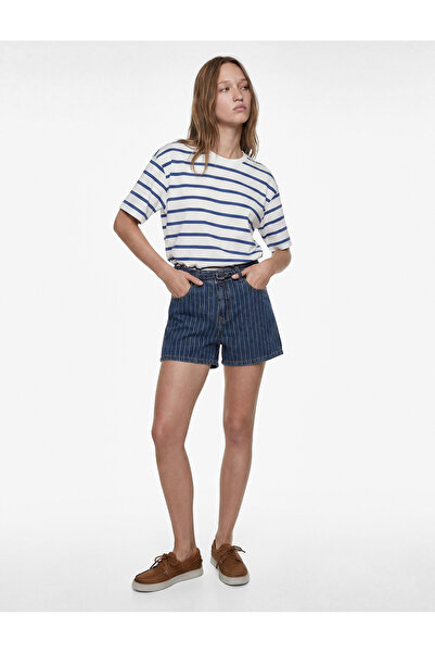 Koton Belt Detailed Striped Regular Fit Cotton Mini Denim Shorts