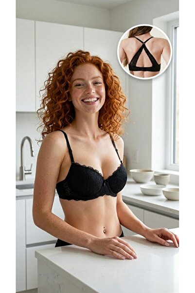 Lavint Homewear Black Padded Bra with Crossed Lace on the Back