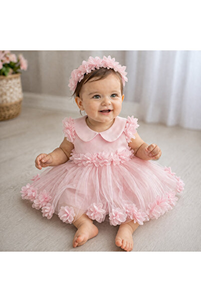 Queen tasarım 1 Yaş Kız Bebek Doğum Günü Elbisesi – Pembe Çiçekli Tütü Elbise