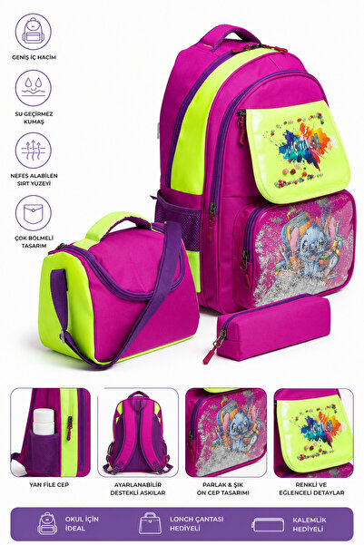 MİECZ BAGS Sevimli Karakter Figürlü Kore Tarzı Süslü Çok Bölmeli İlkokul Besl...