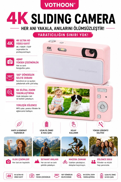 Vothoon Dijital Kamera 4K HD 48MP 16X Zoom Flaşlı Kayar Retro Video Kamera 2....