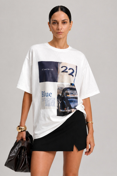 IPERIA Ekru %100 Pamuk Twenty-Two Baskılı Oversize T-Shirt