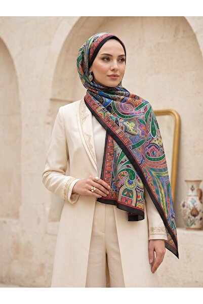 Vissona 100% İpek Etro Desenli Siyah - Fıstık Yeşili Renkli 92x210 Şal