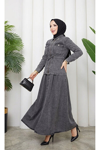 Eseyti Füme Denim Tesettür Ceket ve Etek Kombin Takım