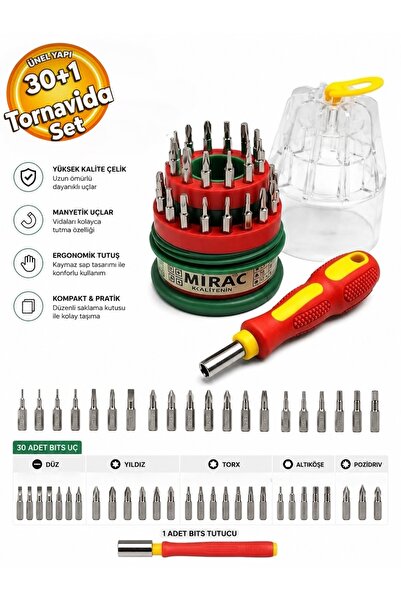 Miraç Tornavida Seti 30+1 Parça Değiştirilebilir Uç Mini Tamirci Set