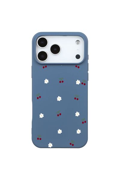Casen iPhone 17 Pro Max Mavi Lansman Renkli Silikon Kiraz ve Çiçek Desenli Ka...