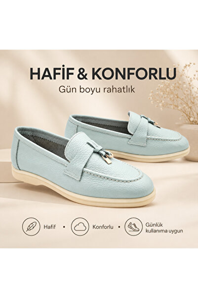 LOPY Genuine Leather Light Blue Women's Loafer Shoes Rubber Sole Comfortable ...