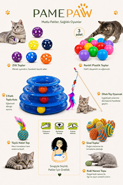 PAMEPAW 8'li Set: Sarma Topu+3'lü Renkli Top+oyun Topu Tüylü + Kedi Oltası+3 ...