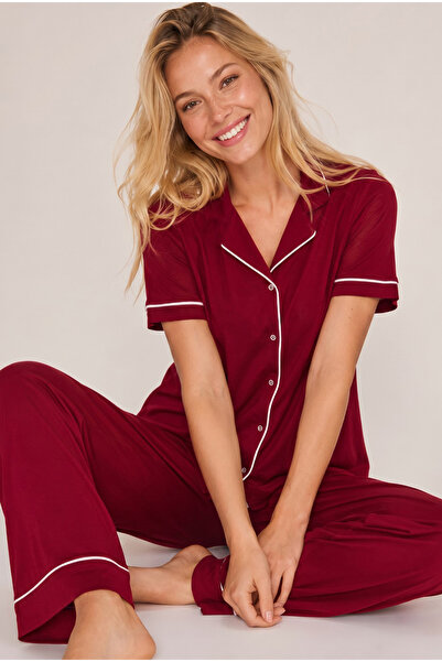 Siyah İnci Damen-Pyjama-Set aus Baumwolle mit kurzen Ärmeln und Knöpfen in Bu...