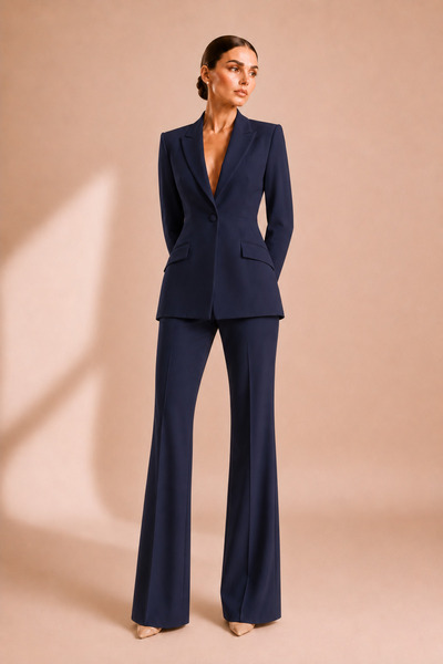 PEARL Lacivert Blazer Ceket Flare Pantolon Takım – Kadın Şık Ofis Stili Yükse...