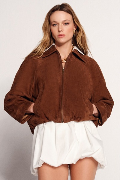 Derimod Miami Kadın Kahverengi Oversize Belden Büzgülü Süet Deri Ceket 26SGD5...