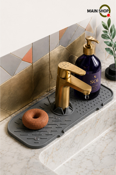 MAİN SHOP Elastik Musluk Lavabo Matı Gri-Su Tutucu Düzenleyici Kaydırmaz Mutf...