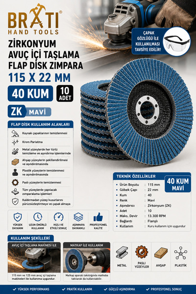 BRATİ HAND TOOLS Zirkonyum Avuç İçi Taşlama Flap Disk Zımpara 115 X 22 Mm 40 ...