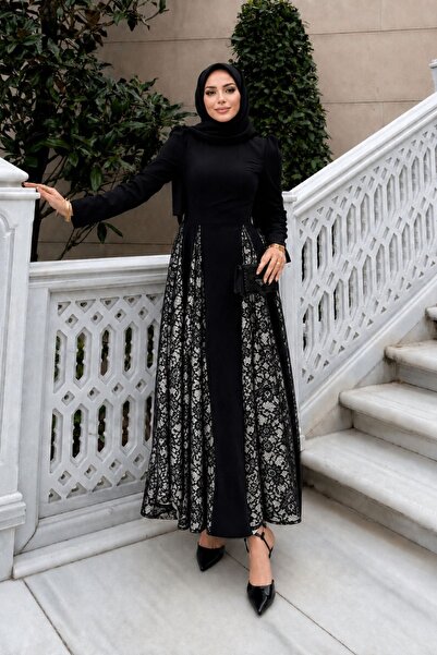 MAG FASHİON Dantelli Tesettür Elbise Siyah Eteği Dantelli Çan Elbise Tesettür...