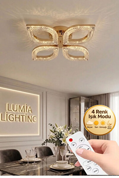 Lumia Lighting Yonca Model Gold Kumandalı 4"lü Ledli 3 Renk Modu Kristal Salo...