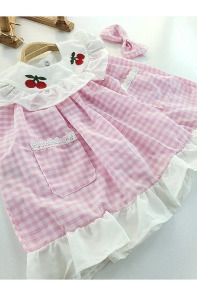 Generic Brand Baby Girl Pink Gingham Dress with Cherry Detail and Headband