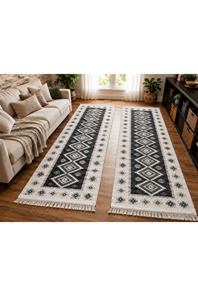 OEM 1+1 Covoare tradiționale, dimensiune 60 x 150 cm, gri si alb , model ROMB
