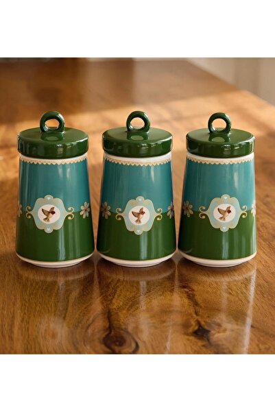 Yumuk Shop 3 Lü Lüks Piano Bird Green 750 ML Kavanoz Seti Vakum Kapaklı Sakla...
