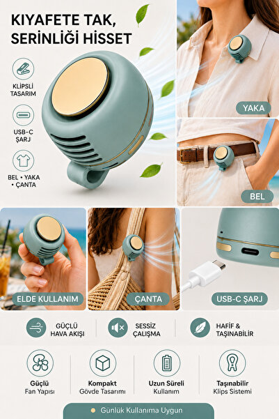 MİNUZ Mini Fan Taşınabilir USB Şarjlı Klipsli Yaka Fanı Portatif Sessiz El Va...