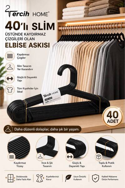 Tercih Home 40 Adet - Slim Siyah Elbise, Fular, Gömlek, Tişört Askısı Kırılma...