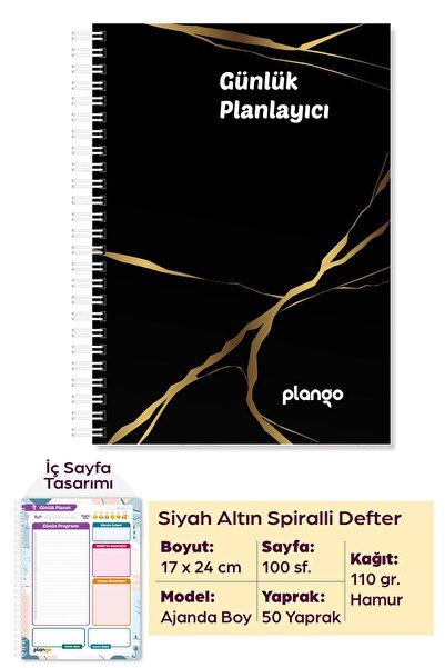 Plango Siyah - Gold Günlük Planlayıcı Defter - Daily Planner - Ders Çalışma P...